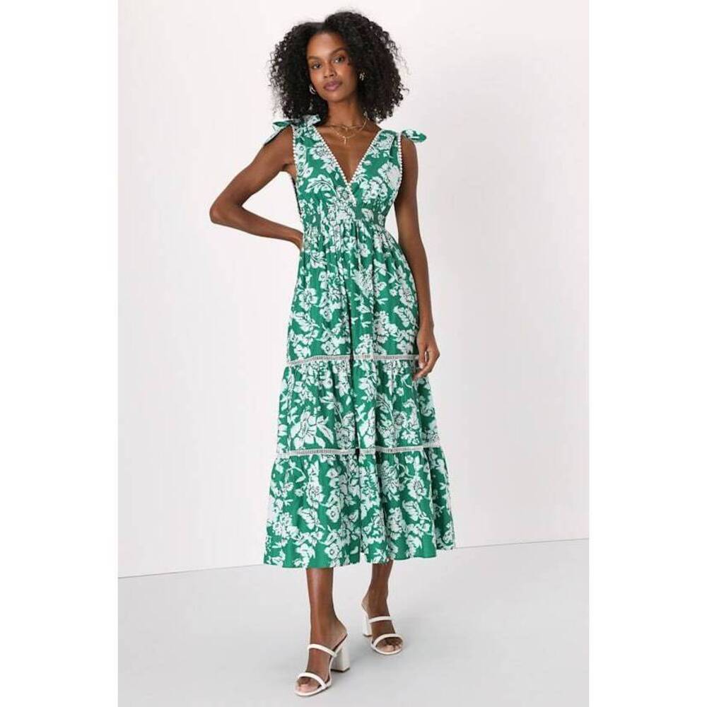 Lulus Sweet Spectacle Green Floral Tie-strap Maxi Dress With Pockets - Size L